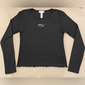 Full Tilt Black Waffle Knit Thermal Long Sleeve Top with Small Race Car